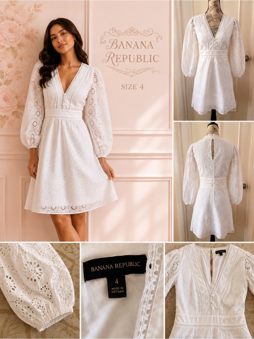 Banana Republic White Eyelet Lace Dress Size 4 Puff Sleeve Lined Fit & Flare - Picture 2 of 16